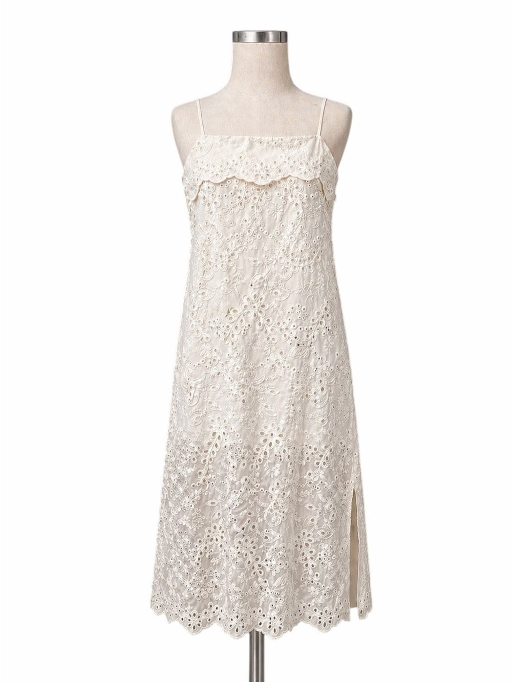 Karen Kane Cotton Eyelet Midi Dress Adjustable Straps Scalloped Hem Ivory M NEW